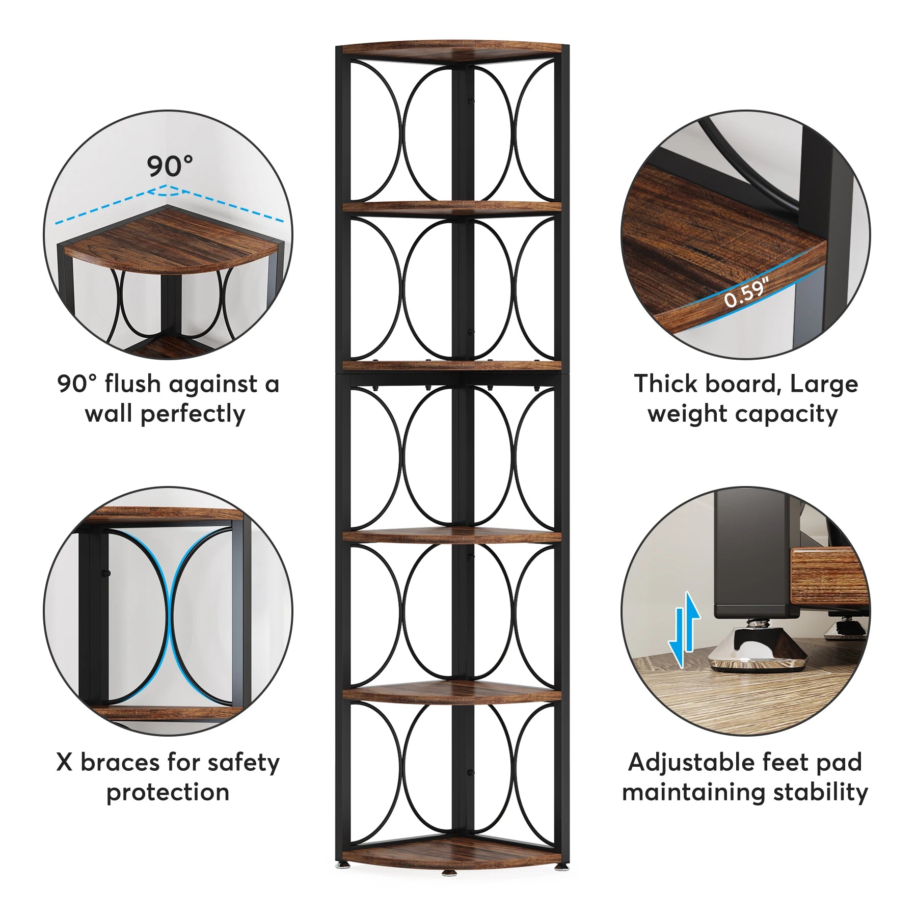 6 Tier Corner Shelf Industrial Tall Bookcase Storage Display Stand for Living Room Office