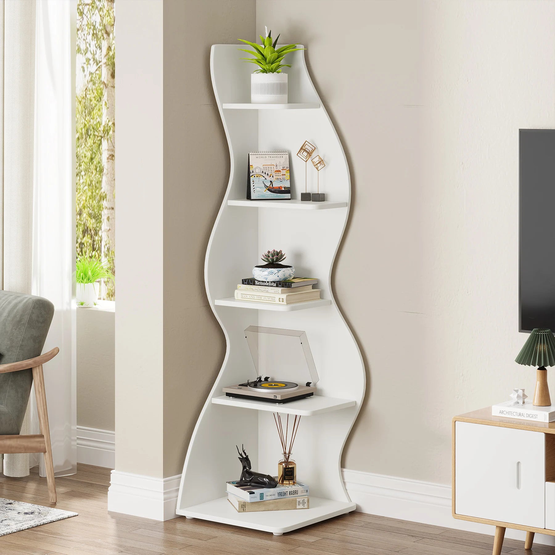 5-Tier White Corner Shelf Storage Rack Wooden Display Bookshelf for Living Room Bedroom Office White