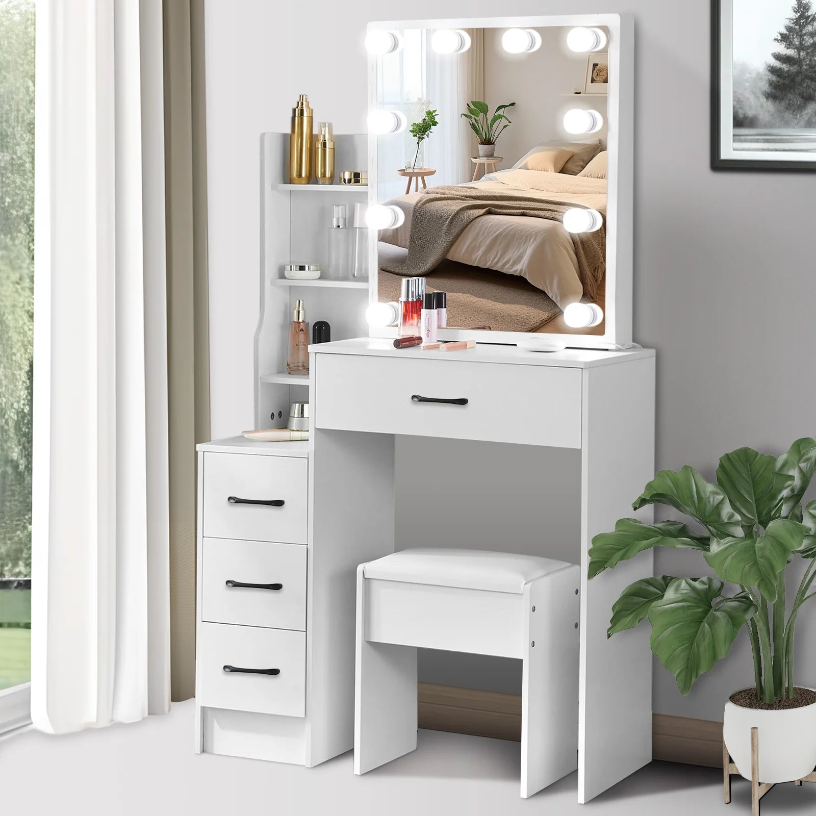 Vanity Table Set with LED Mirror, Stool and Drawers Sliding Mirror Makeup Dressing Table White