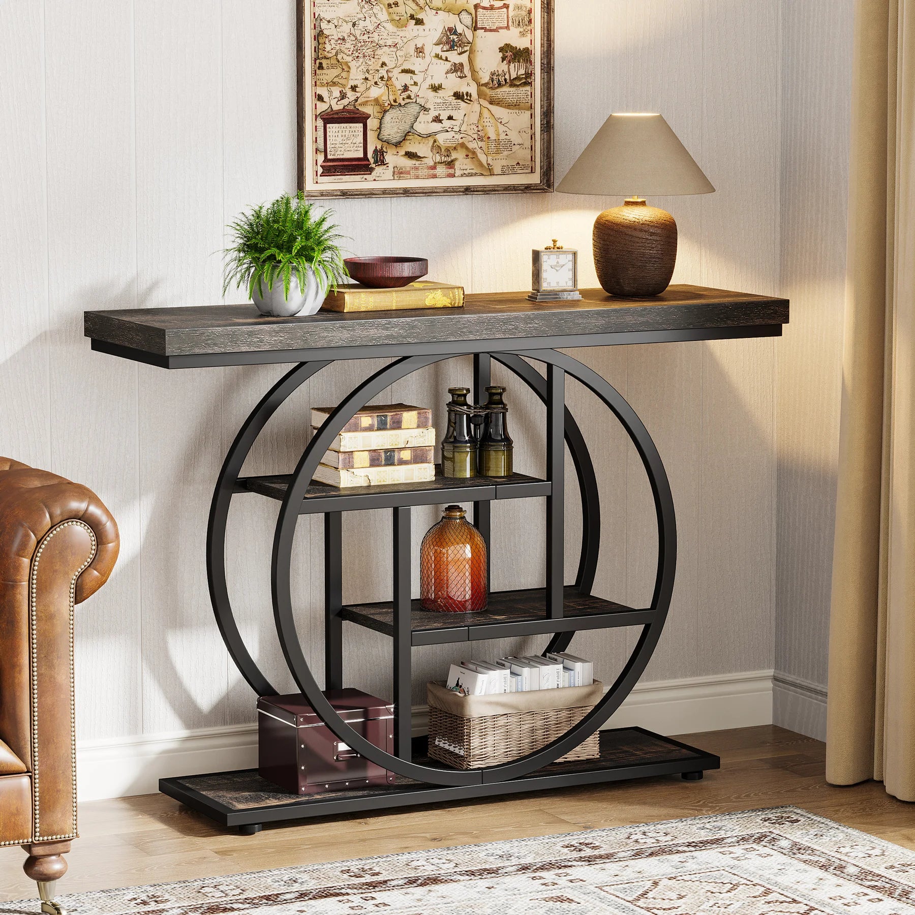 4-Tier Industrial Console Table with Metal Frame and Wooden Shelves Entryway Hallway Storage Table Black