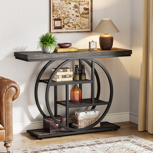 4-Tier Industrial Console Table with Metal Frame and Wooden Shelves Entryway Hallway Storage Table Black