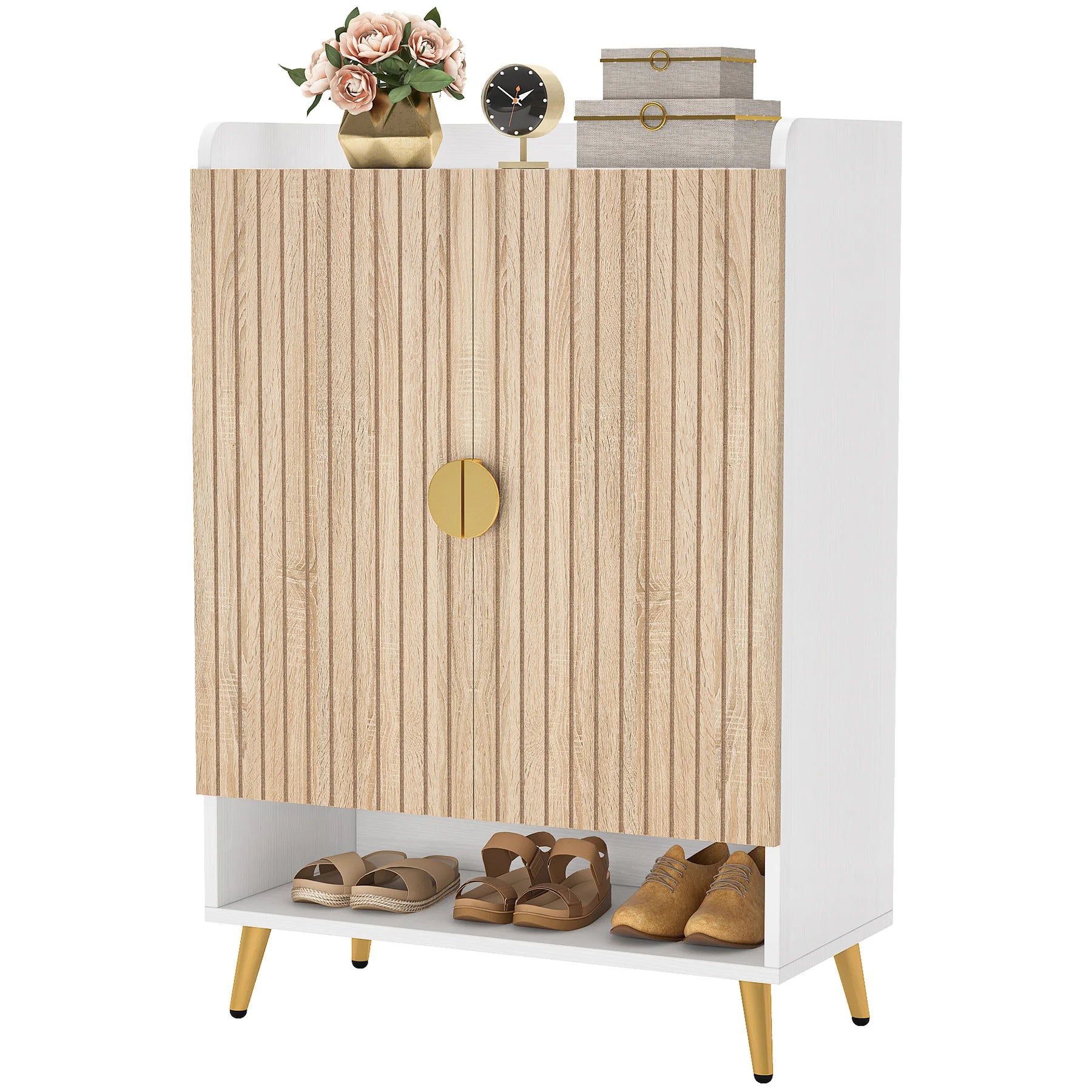 7-Tier Shoe Storage Cabinet with Doors Wooden Entryway Shoe Organiser Holds Up to 24 Pairs White and wood