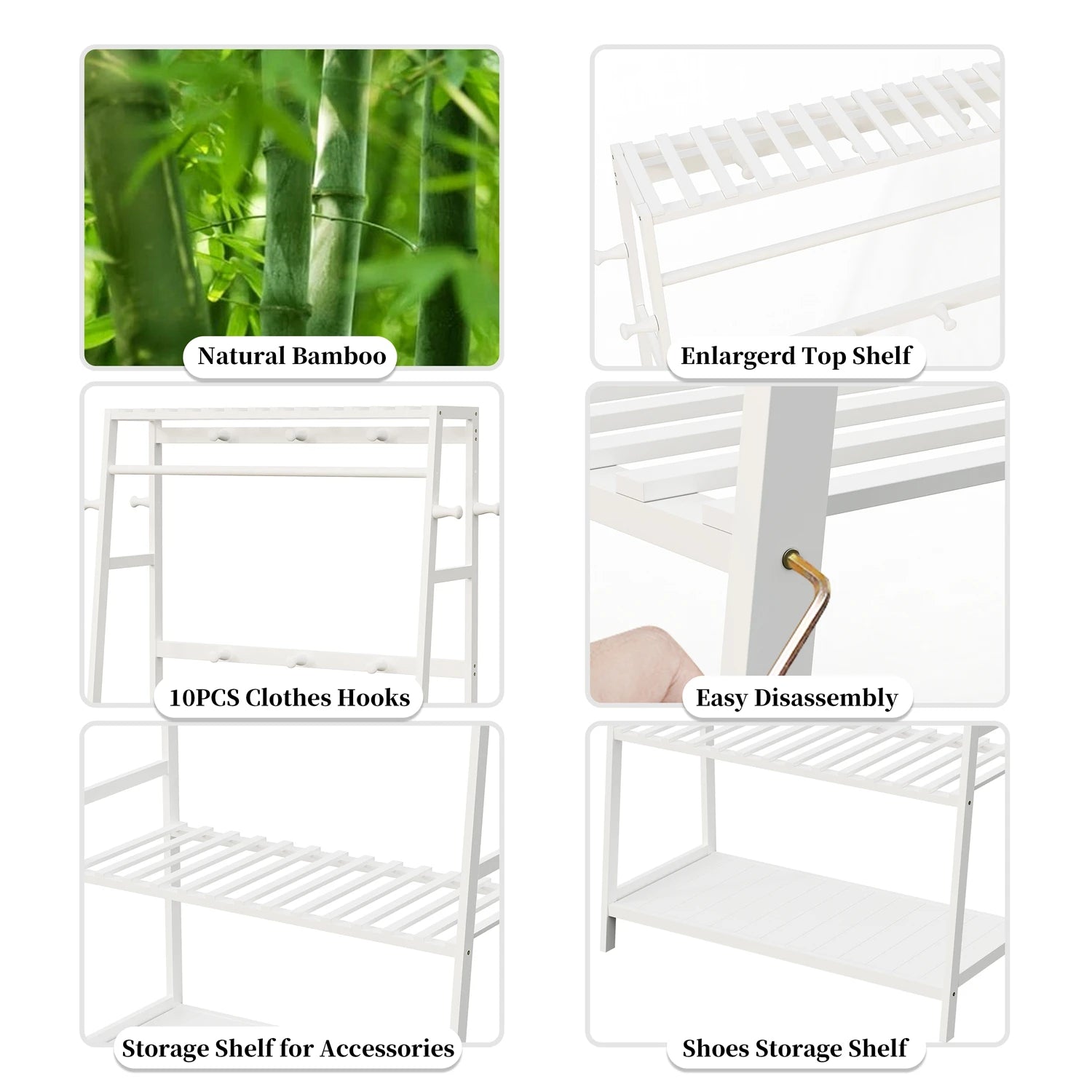 Bamboo Clothes Rack with Shelves and Wheels Freestanding Garment Rack with 10 Hooks White