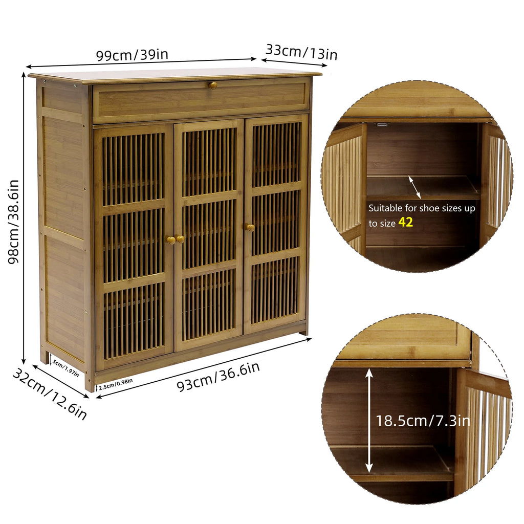 Bamboo Shoe Storage Cabinet with Shelves and Ventilation Entryway Shoe Organiser Brown