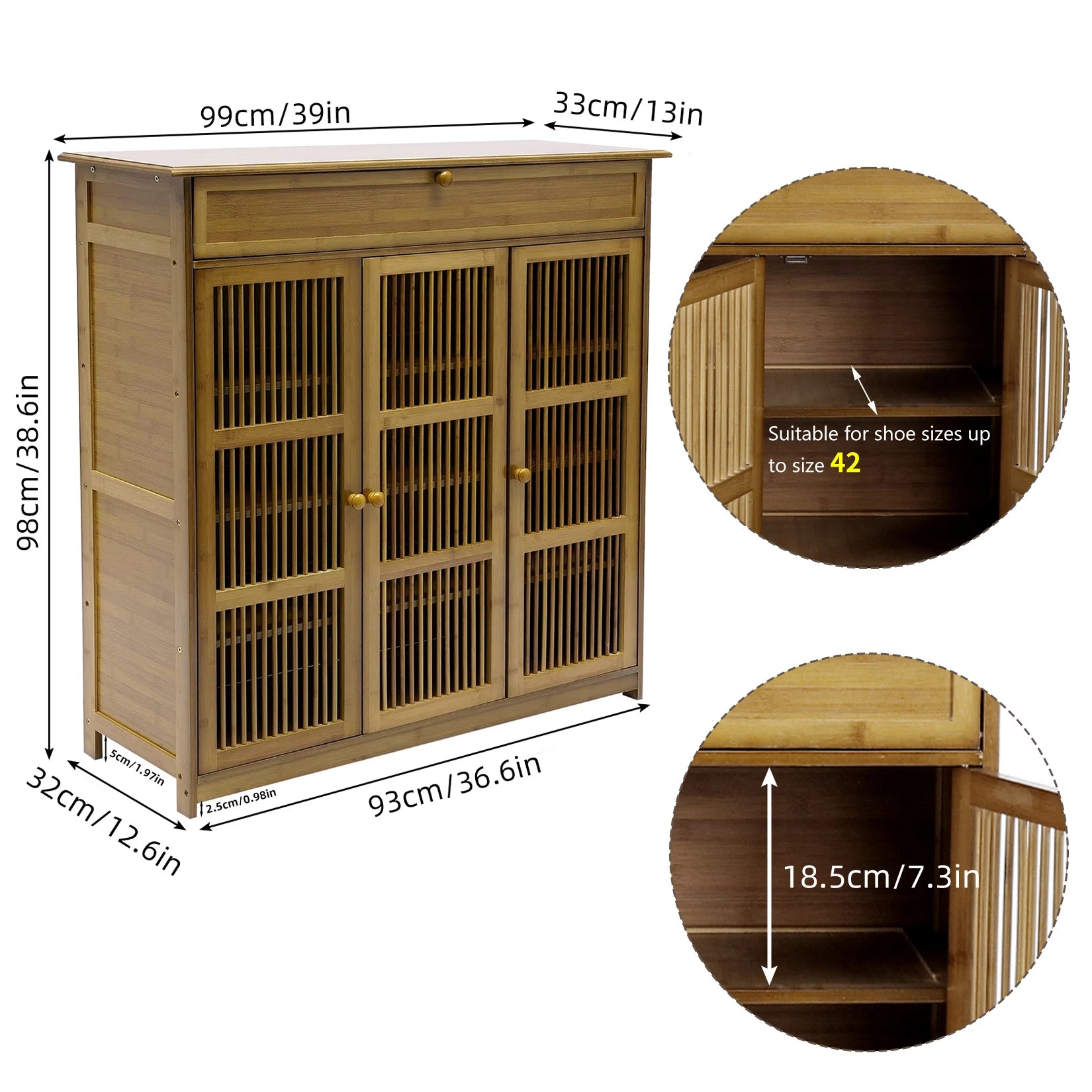 Bamboo Shoe Storage Cabinet with Shelves and Ventilation Entryway Shoe Organiser Brown