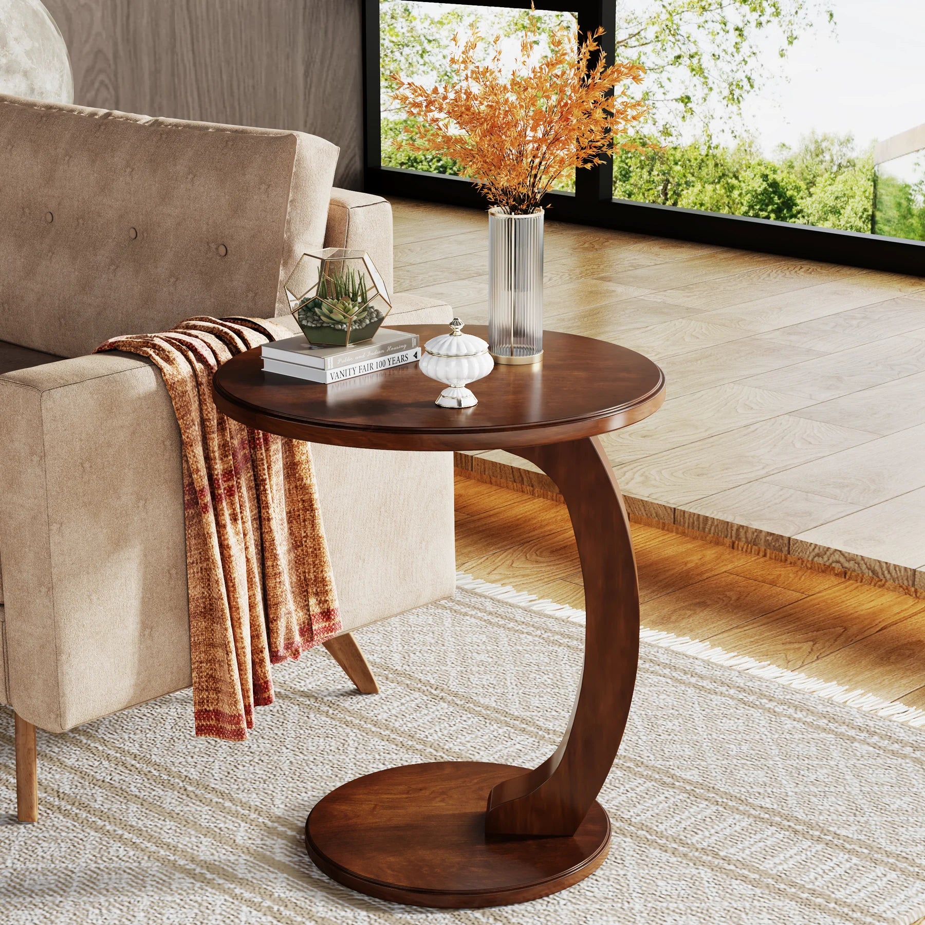 Round Wooden Side Table 48cm Vintage End Table Small Coffee Table for Living Room Bedroom Brown