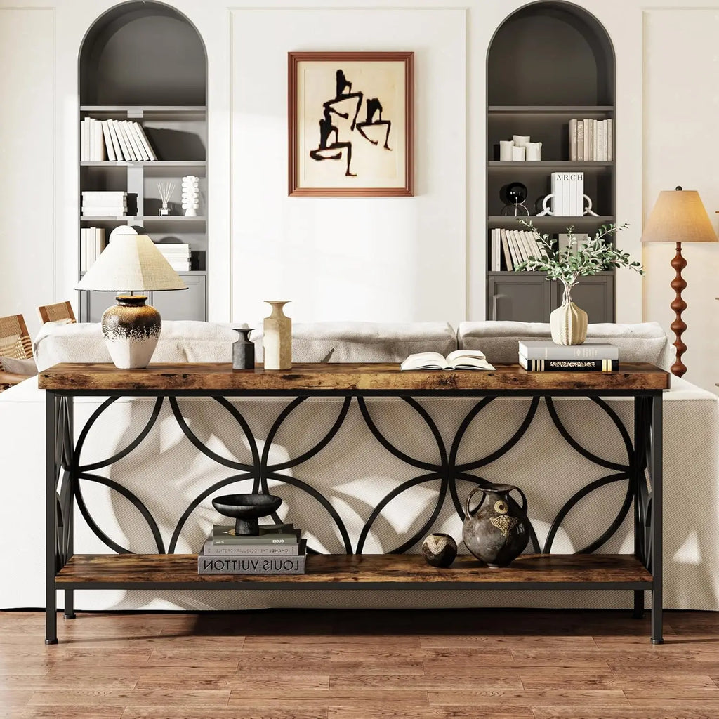 180cm Industrial Console Table with 2-Tier Shelf Narrow Sofa Table