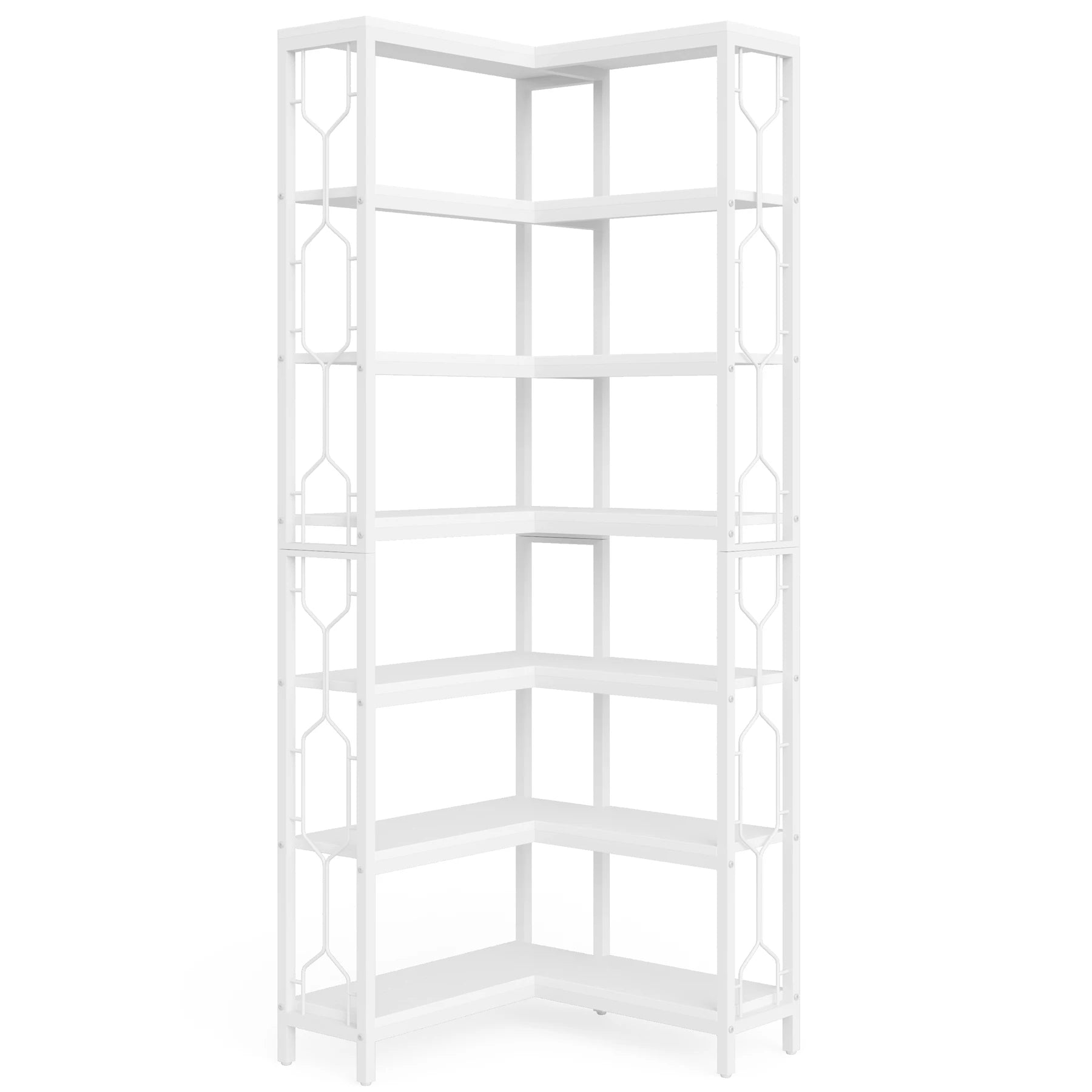 7-Tier Industrial Corner Bookshelf with Metal Frame and Wooden Shelves Heavy Duty Storage Display Rack White