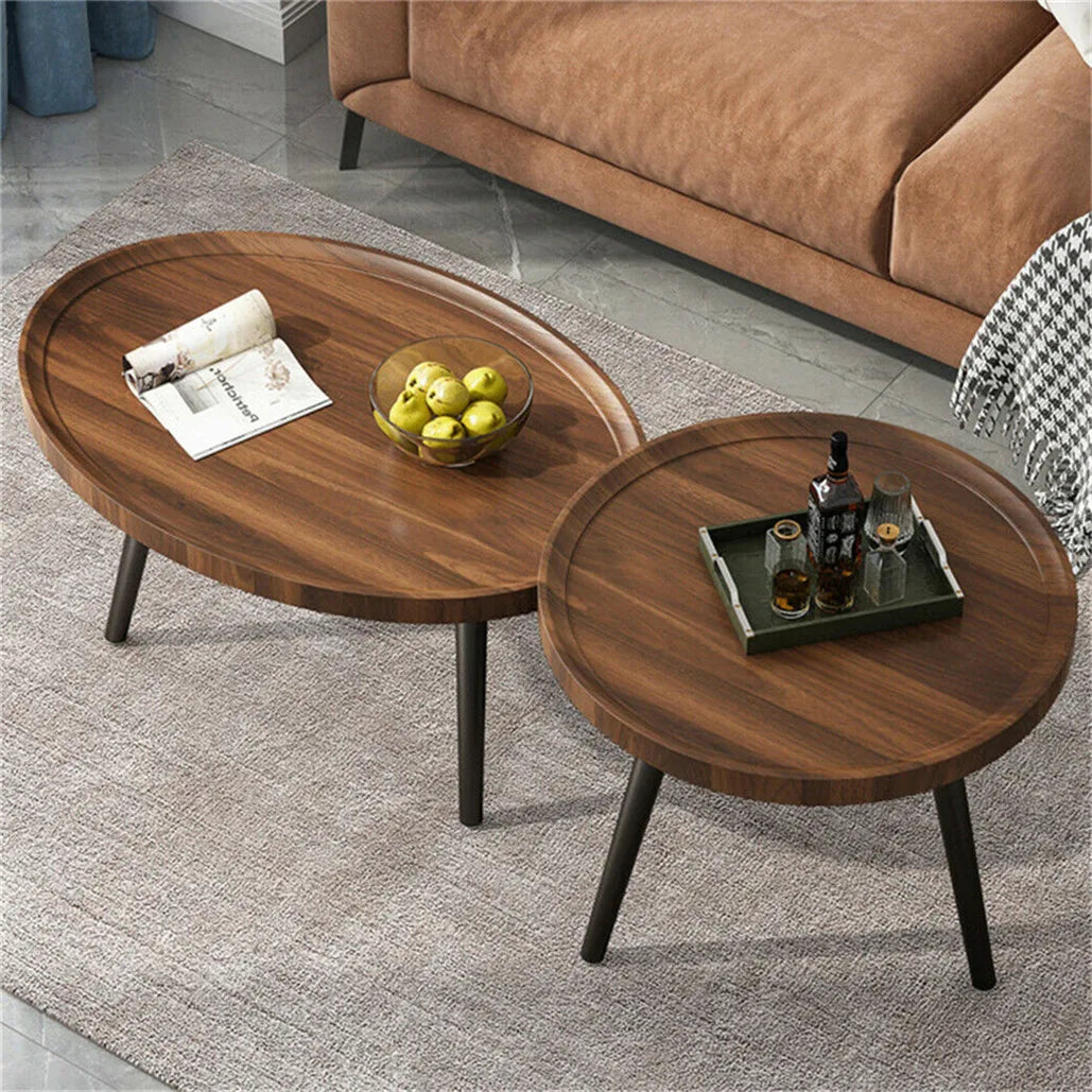 2-Piece Round Coffee Table Set with Metal Legs Modern Nesting Side Tables Walnut & Black