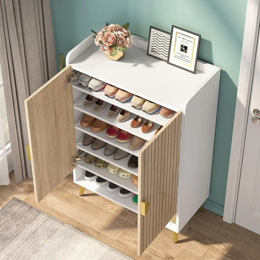 7-Tier Shoe Storage Cabinet with Doors Wooden Entryway Shoe Organiser Holds Up to 24 Pairs White and wood