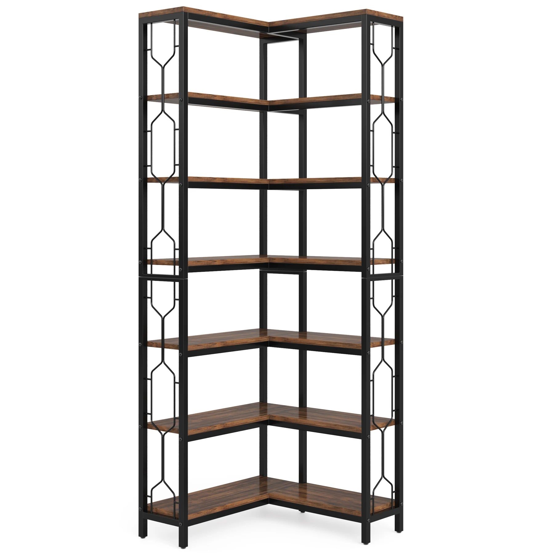 7-Tier Industrial Corner Bookshelf with Metal Frame and Wooden Shelves Heavy Duty Storage Display Rack Brown