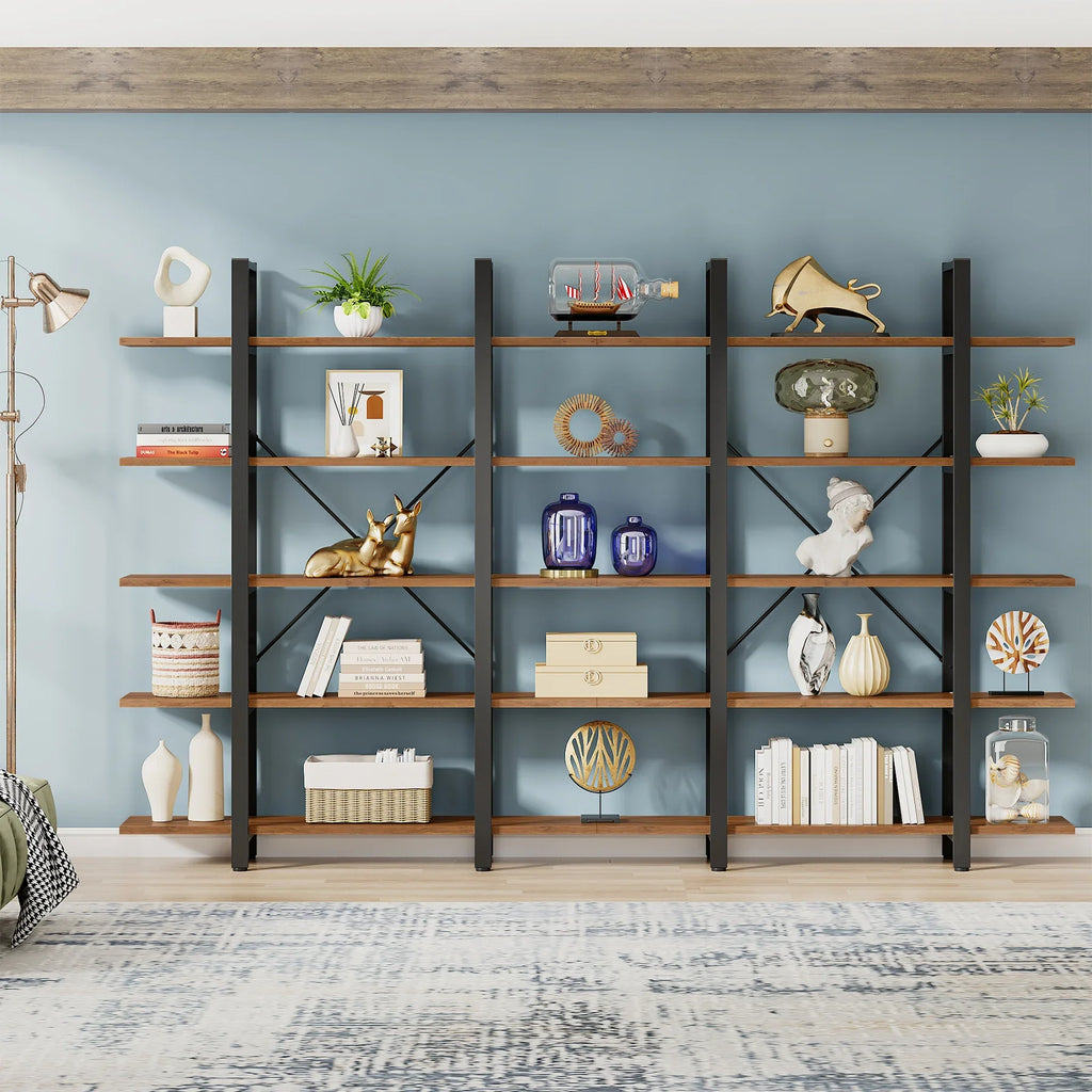 Industrial 5 Tier Bookshelf 180cm Tall Metal Frame Rustic Wood Storage Display Shelf Brown