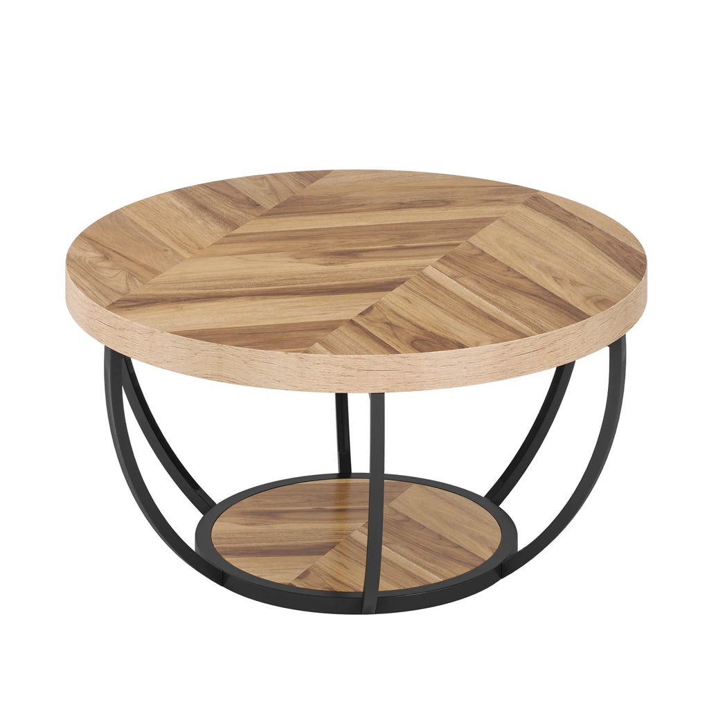 2-Tier Round Coffee Table with Metal Frame and Wooden Shelves Modern Living Room Side Table
