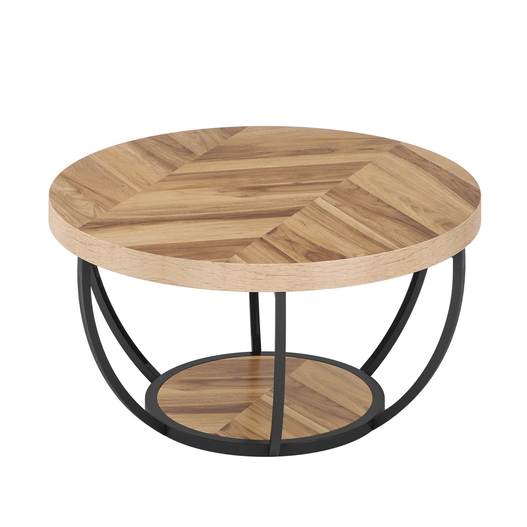 2-Tier Round Coffee Table with Metal Frame and Wooden Shelves Modern Living Room Side Table
