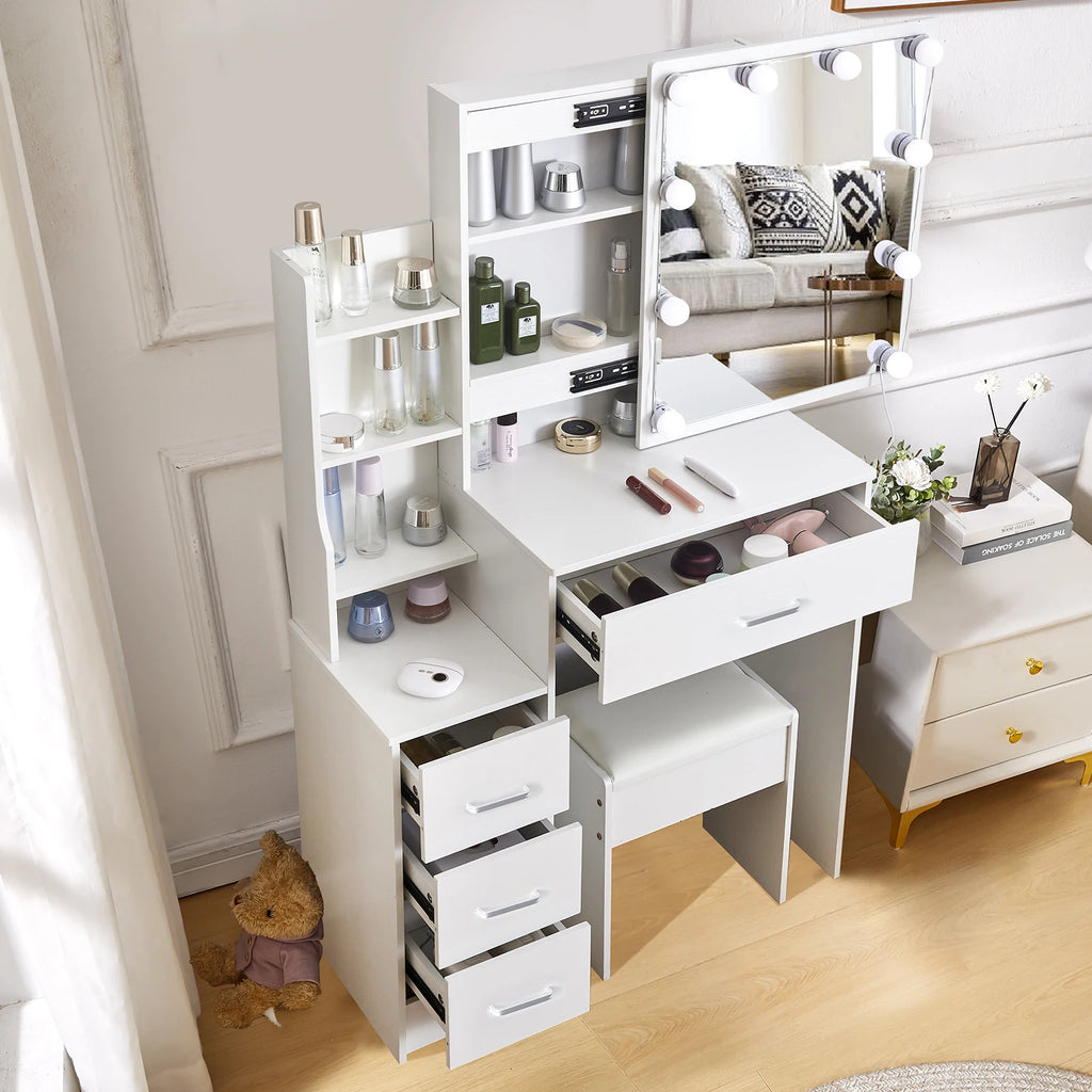 Vanity Table Set with LED Mirror, Stool and 4 Drawers Sliding Mirror Makeup Desk White