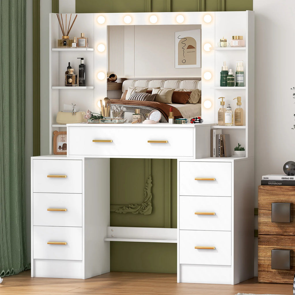 Vanity Table with LED Mirror and 7 Drawers Makeup Dressing Table with Storage Shelves