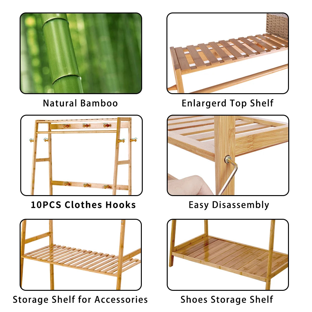 Bamboo Clothes Rack with Shelves, Hooks and Wheels Freestanding Garment Rack Organiser Natural Wood