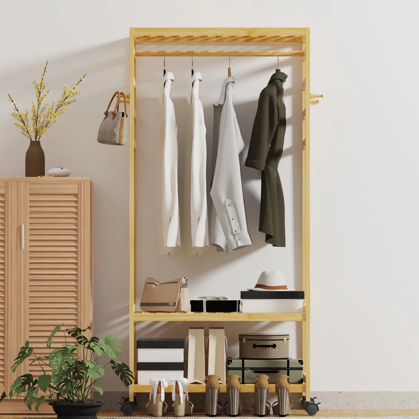 Bamboo Clothes Rack with Shelves, Hooks and Wheels Freestanding Garment Rack Organizer Natural Wood