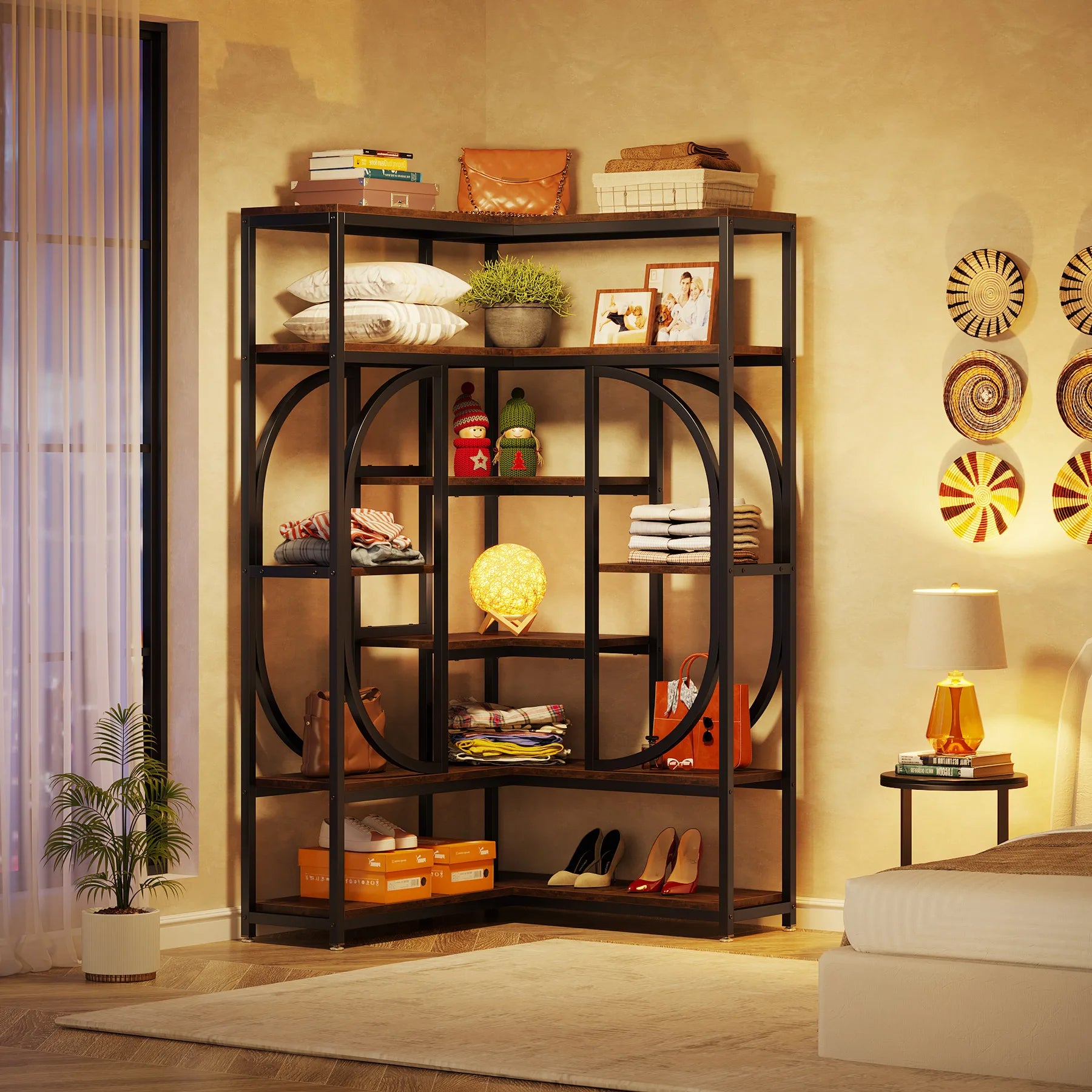 7-Tier Corner Bookshelf Industrial Corner Shelf Storage Display Rack