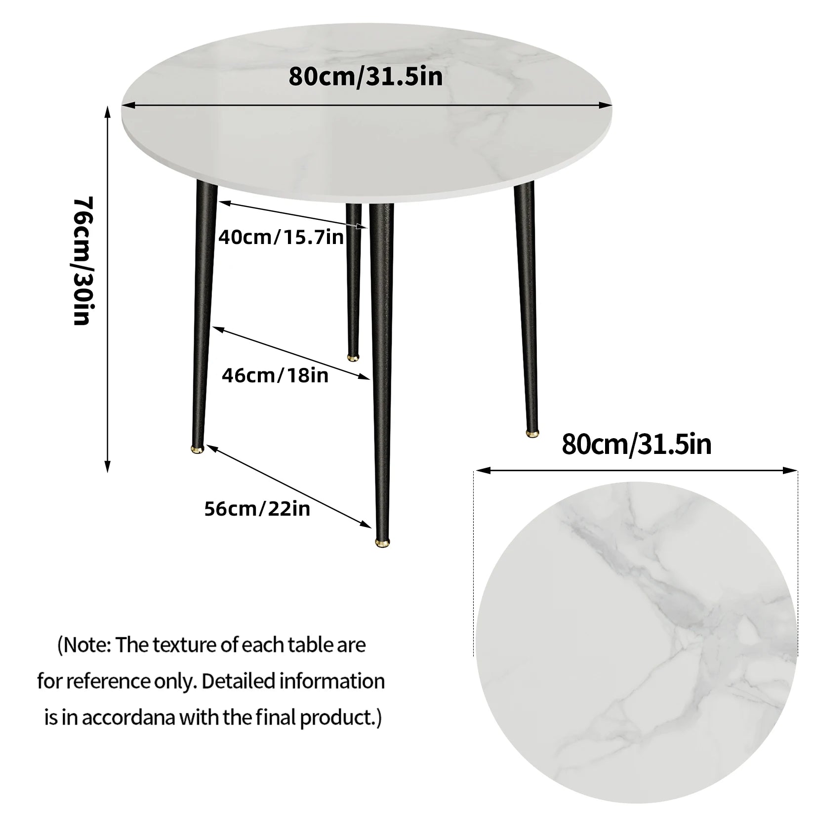 Round Marble Dining Table with Metal Frame 80cm Modern Kitchen Dining Table Grey