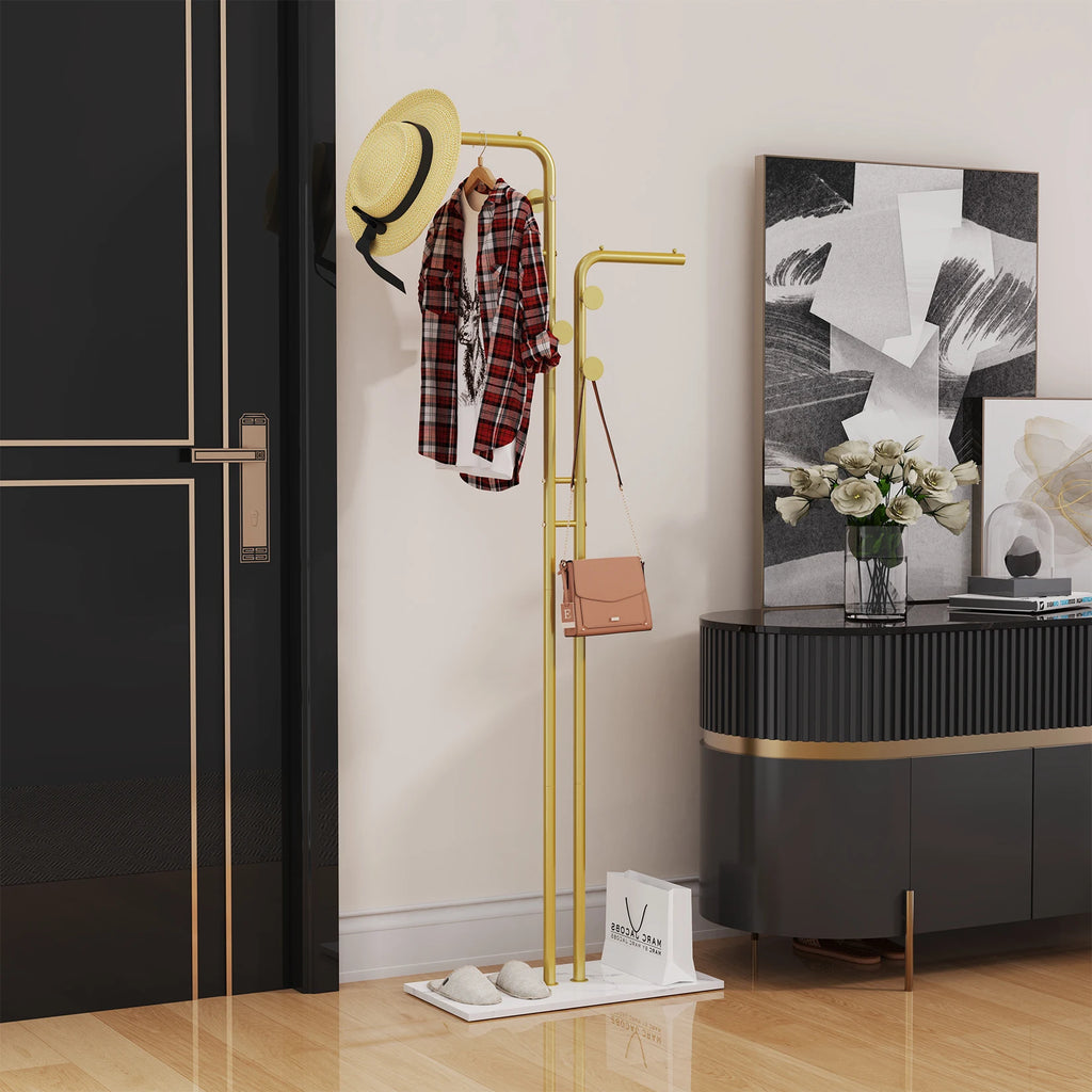 Freestanding Coat Rack with Marble Base and Metal Hooks Modern Hat and Coat Stand Gold