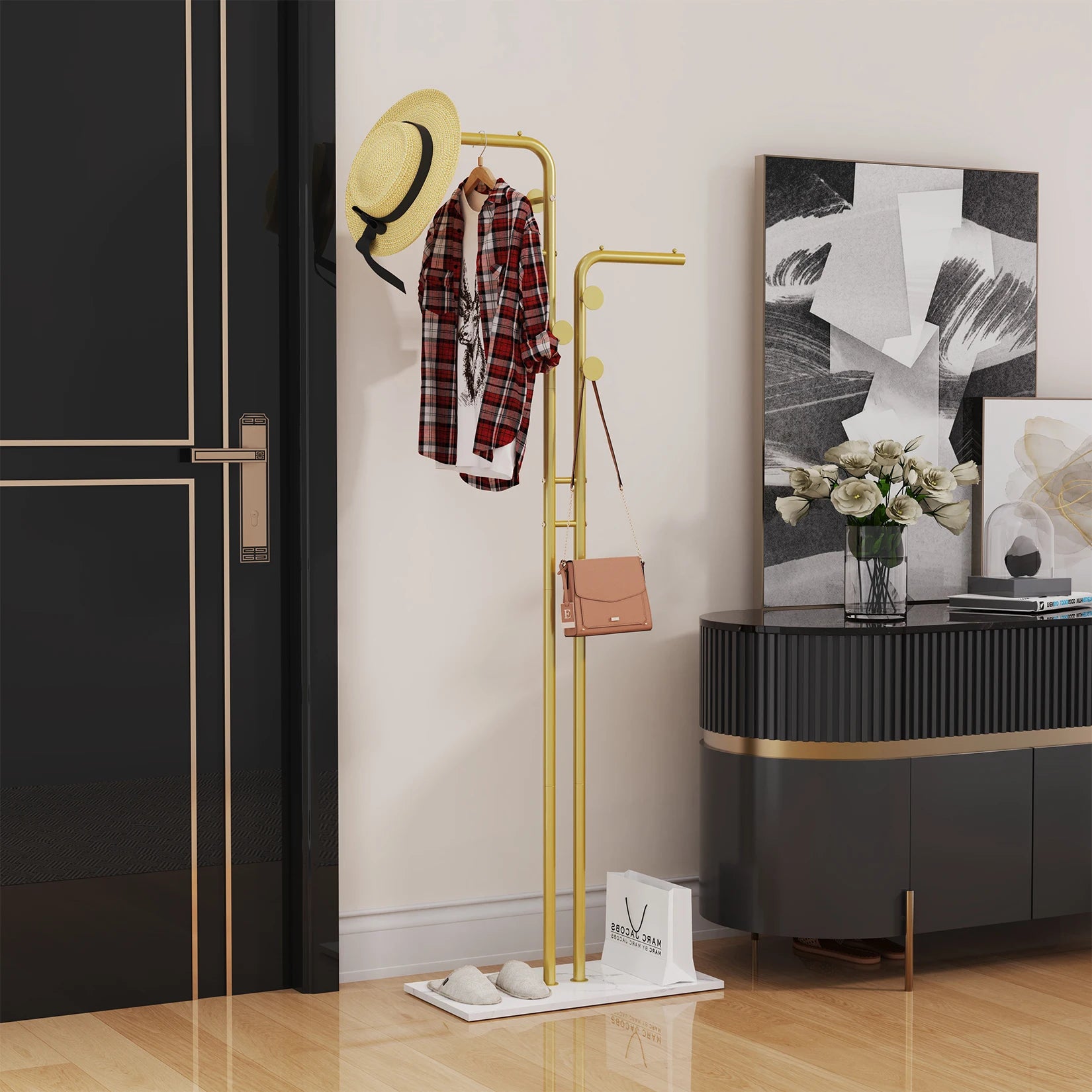 Freestanding Coat Rack with Marble Base and Metal Hooks Modern Hat and Coat Stand Gold