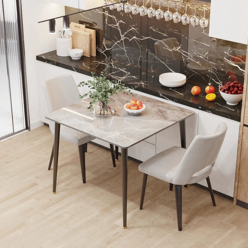 Square Dining Table with Sintered Stone Top and Metal Frame 80cm Modern Kitchen Table White
