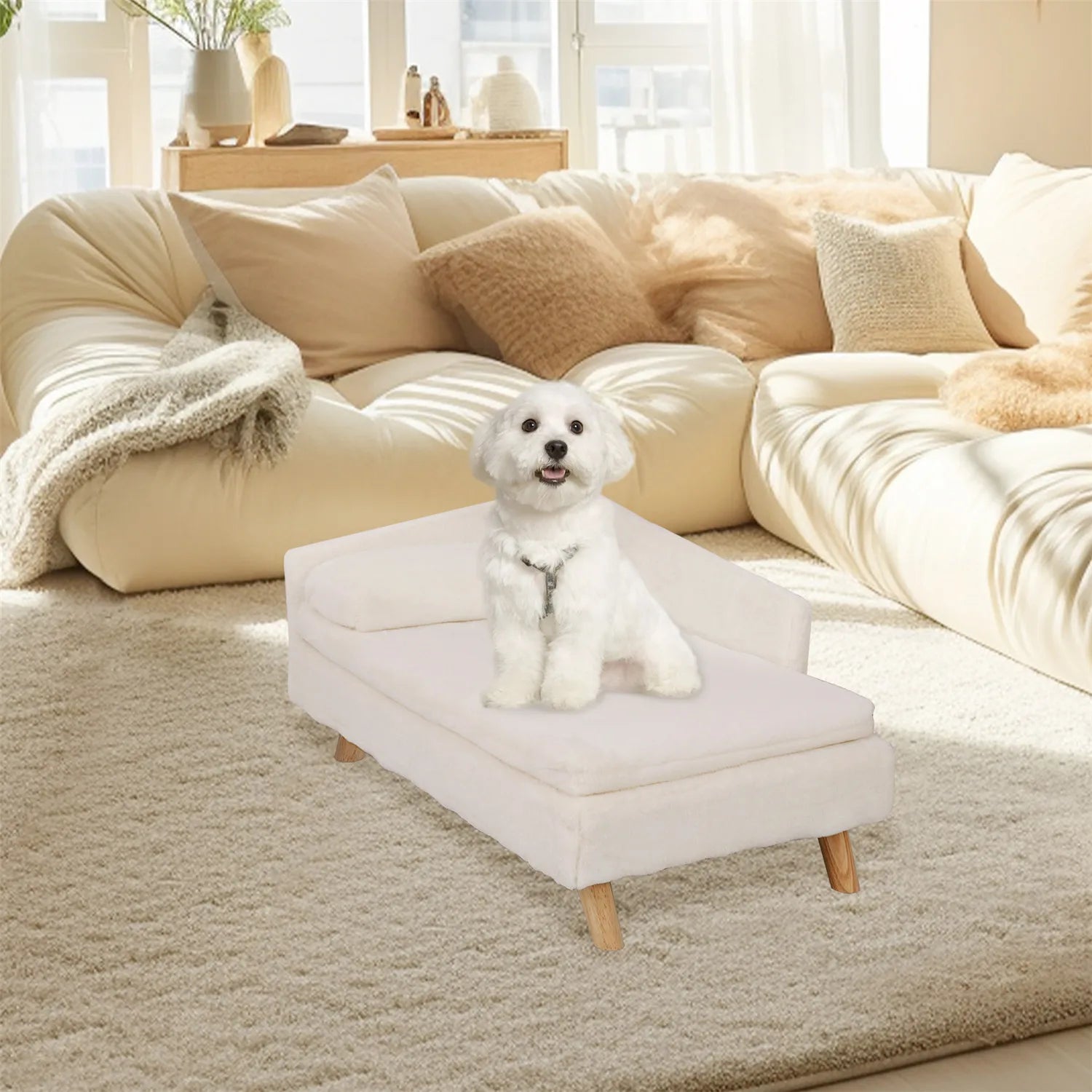 Pet Sofa Bed with Cushion and Wooden Legs Plush Dog and Cat Lounge Bed White Size L