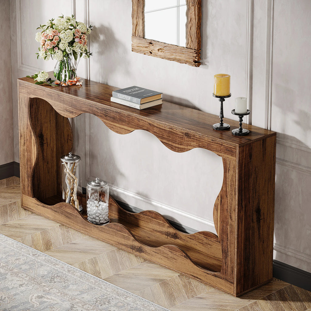 Farmhouse Console Table with 2-Tier Shelf 160cm Entryway Sofa Table Rustic Brown