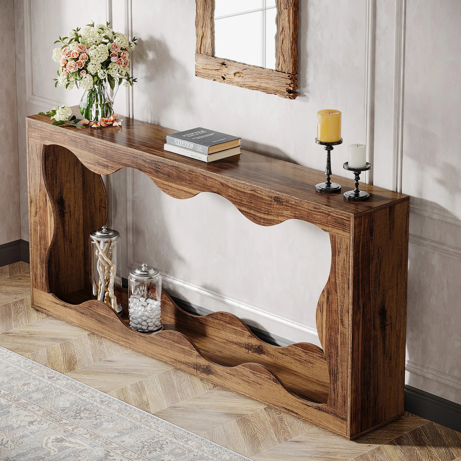 Farmhouse Console Table with 2-Tier Shelf 160cm Entryway Sofa Table Rustic Brown