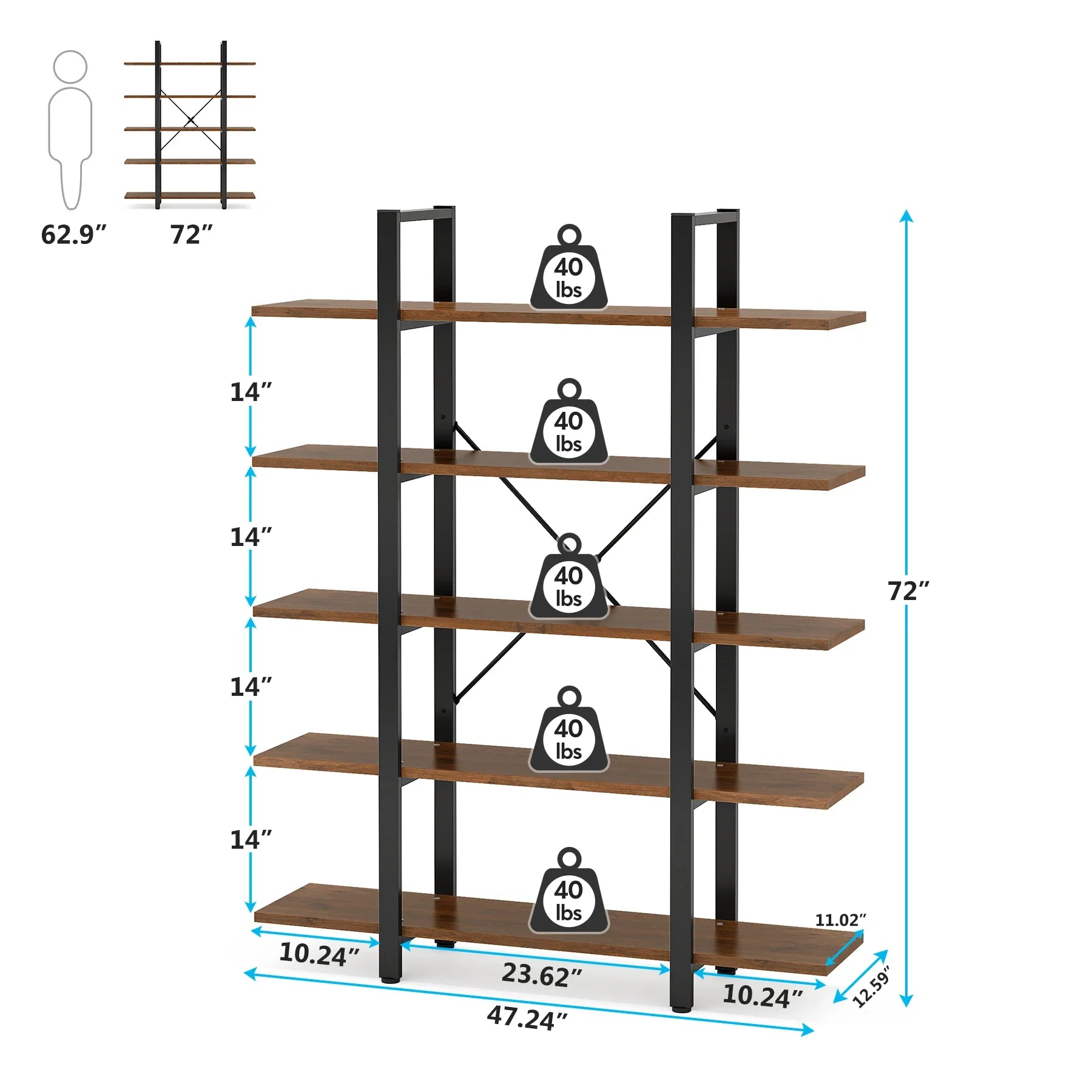 Industrial 5 Tier Bookshelf 180cm Tall Metal Frame Rustic Wood Storage Display Shelf Brown