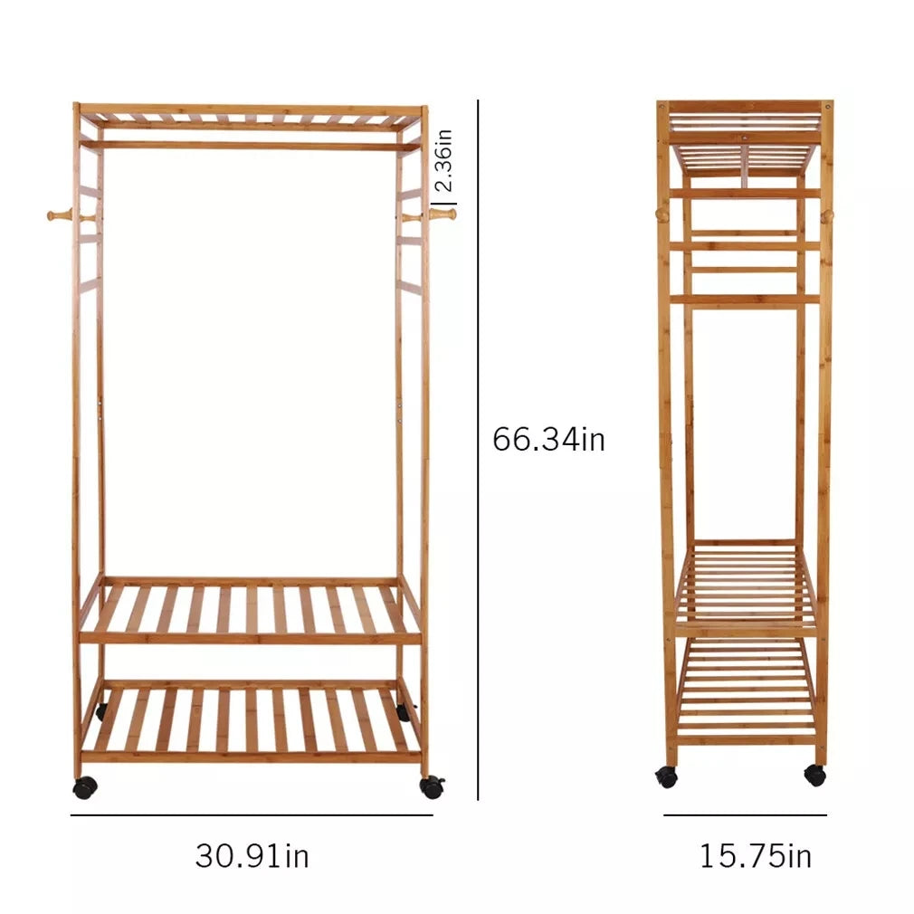 Bamboo Clothes Rack with Shelves, Hooks and Wheels Freestanding Garment Rack Natural Wood