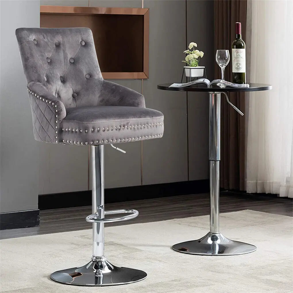 Adjustable Swivel Bar Stool with Velvet Seat and Metal Base Vintage Counter Stool Grey