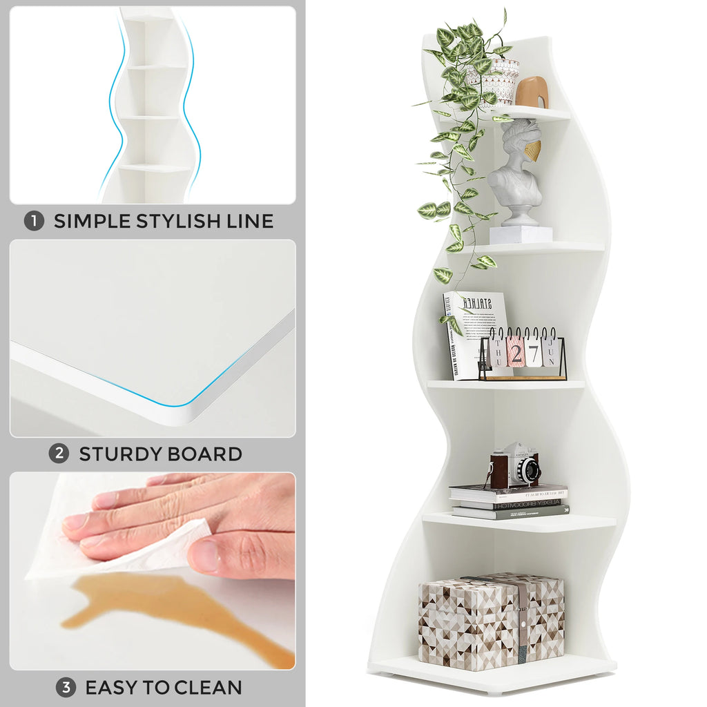5-Tier White Corner Shelf Storage Rack Wooden Display Bookshelf for Living Room Bedroom Office White
