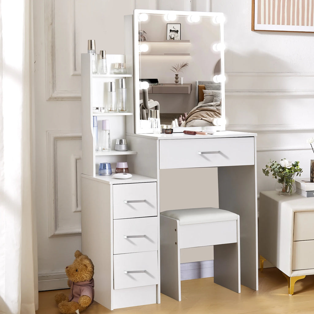 Vanity Table Set with LED Mirror, Stool and 4 Drawers Sliding Mirror Makeup Desk White