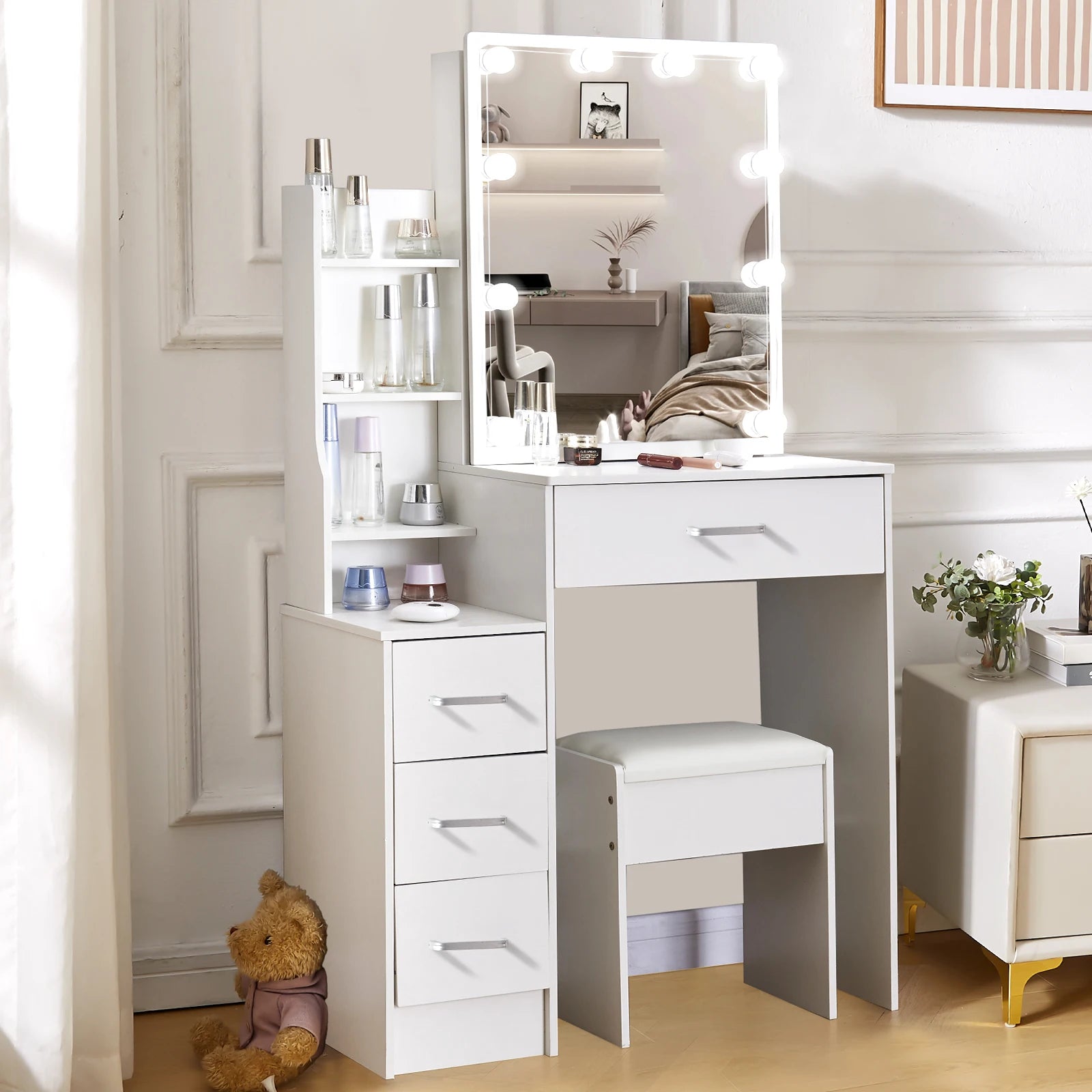 Vanity Table Set with LED Mirror, Stool and 4 Drawers Sliding Mirror Makeup Desk White