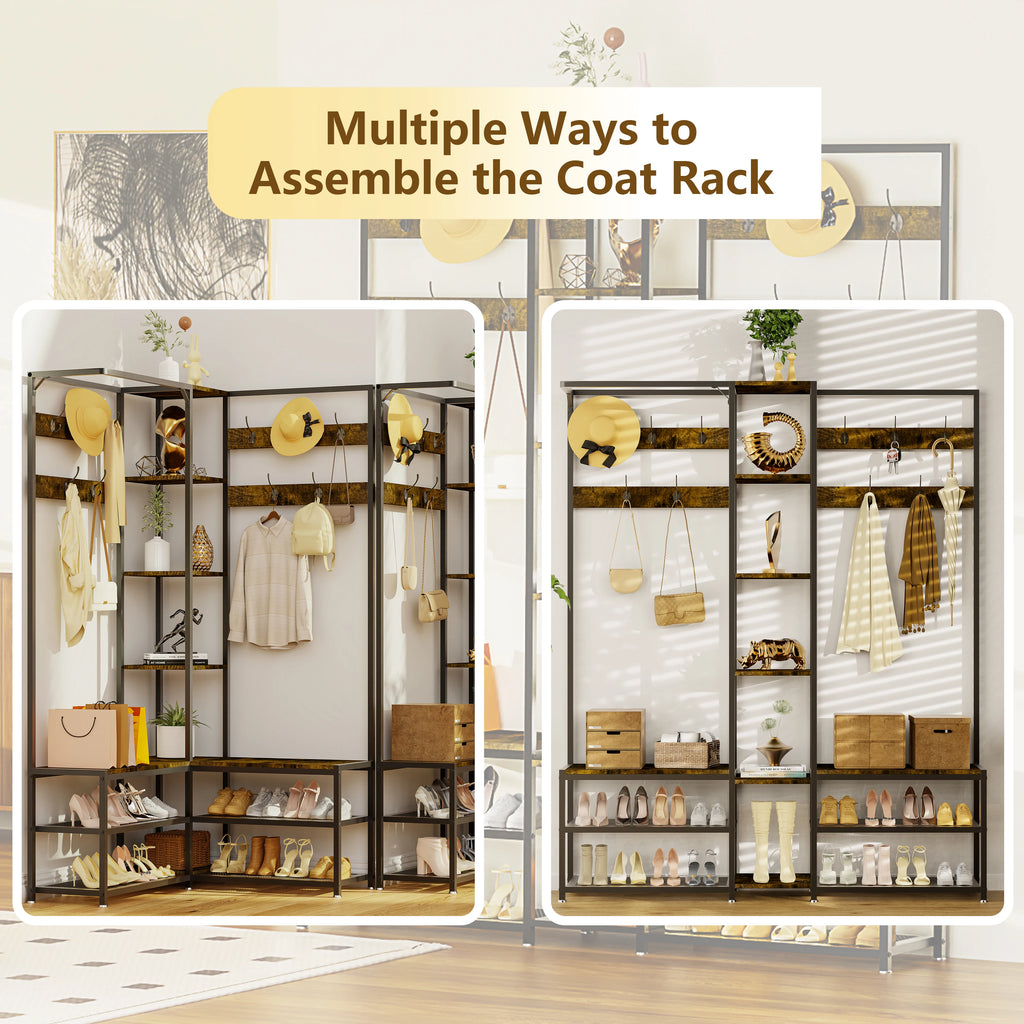 Industrial Hall Tree Coat Rack with Shelves and Metal Frame Entryway Storage Organizer Brown