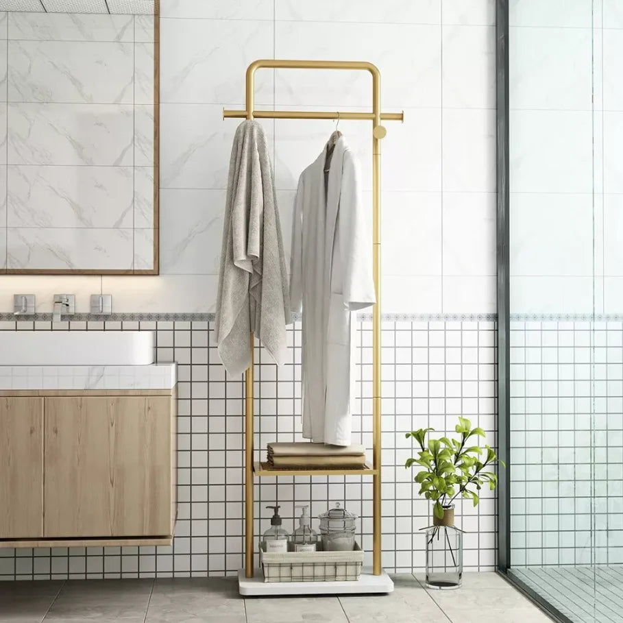 Freestanding Coat Rack Stand with Shelves and Hooks Gold Metal Garment Rack
