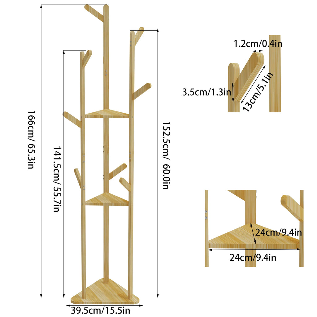 Bamboo Coat Rack Stand with 10 Hooks Freestanding Clothes Hanger Organiser Natural Bamboo