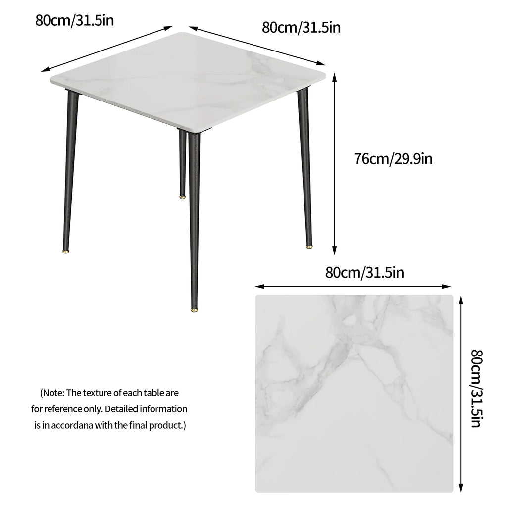Square Dining Table with Sintered Stone Top and Metal Frame 80cm Modern Kitchen Table White & Grey