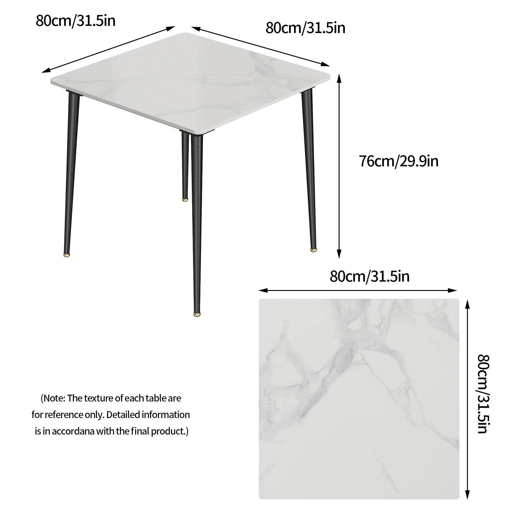Square Dining Table with Sintered Stone Top and Metal Frame 80cm Modern Kitchen Table White & Grey