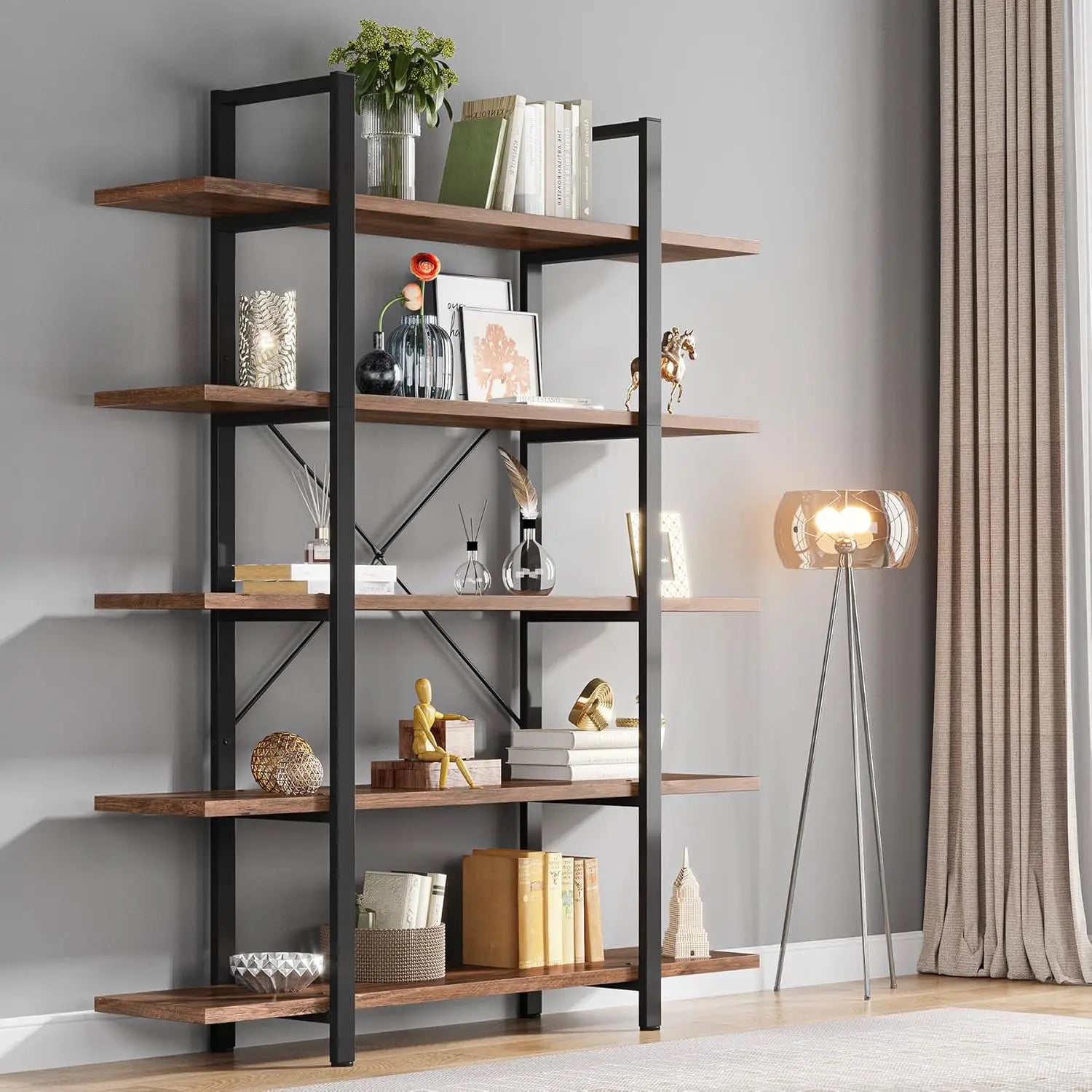 Industrial 5 Tier Bookshelf 180cm Tall Metal Frame Rustic Wood Storage Display Shelf Brown