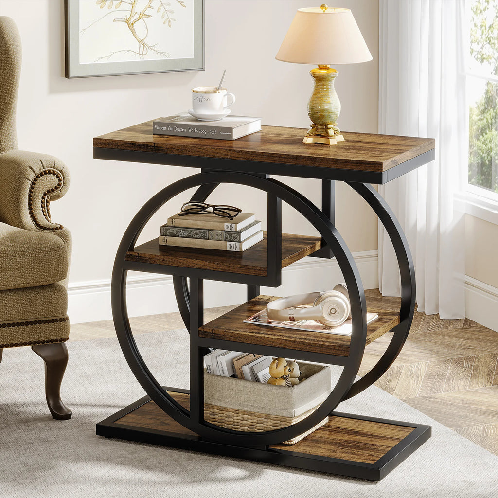 3-Tier Industrial Side Table with Metal Frame and Wooden Shelves Slim Storage End Table