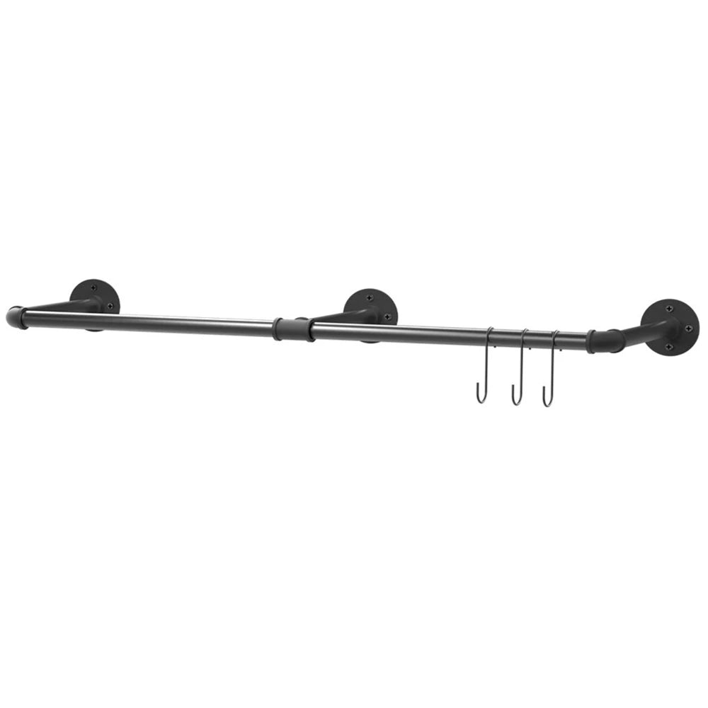 Adjustable Industrial Pipe Clothes Rack Wall Mounted Garment Rack 90-180cm with Hooks Black