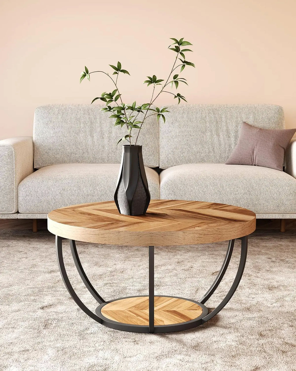 2-Tier Round Coffee Table with Metal Frame and Wooden Shelves Modern Living Room Side Table