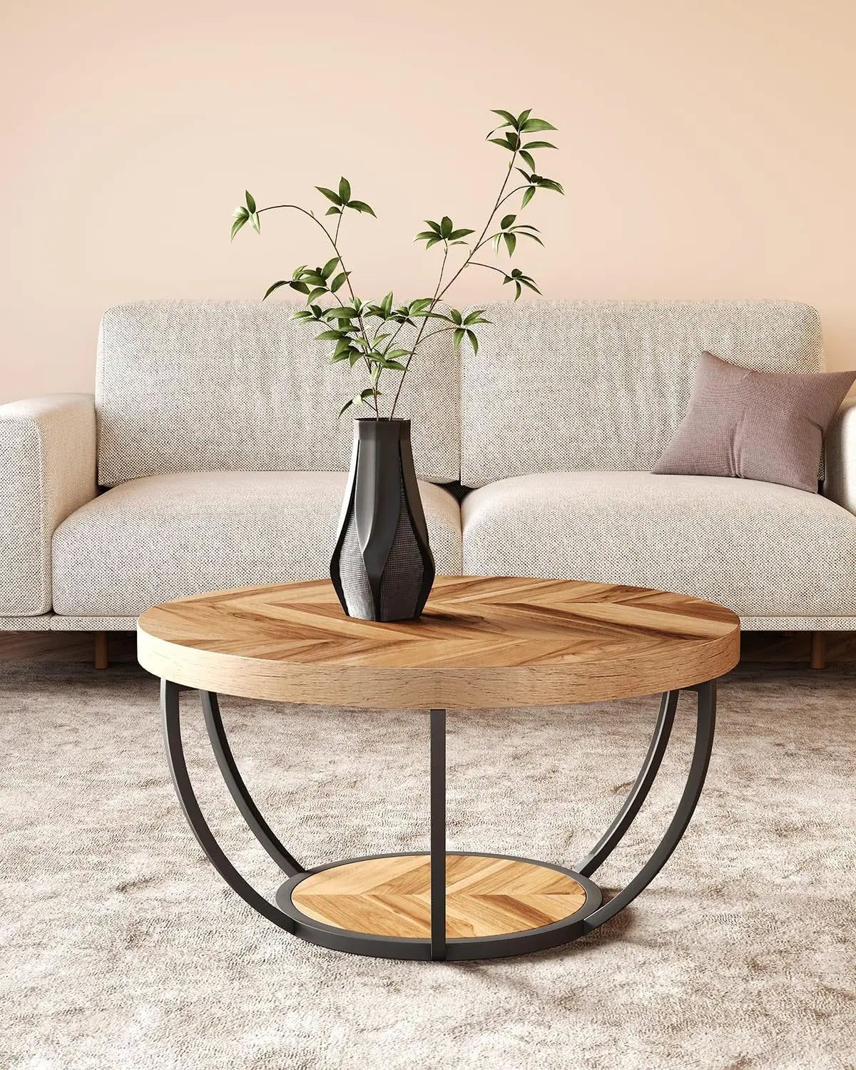 2-Tier Round Coffee Table with Metal Frame and Wooden Shelves Modern Living Room Side Table