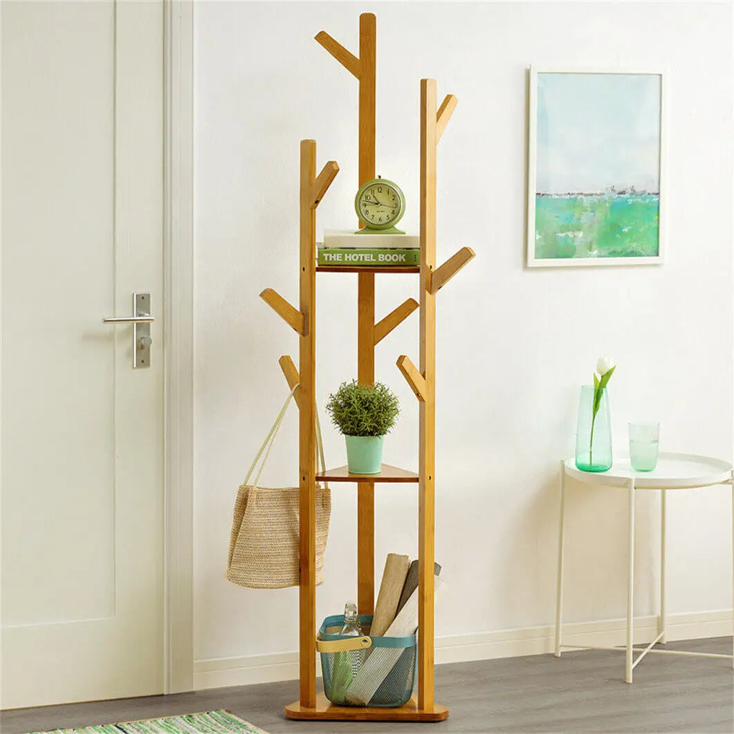 Bamboo Coat Rack Stand with 10 Hooks Freestanding Clothes Hanger Organiser Natural Bamboo