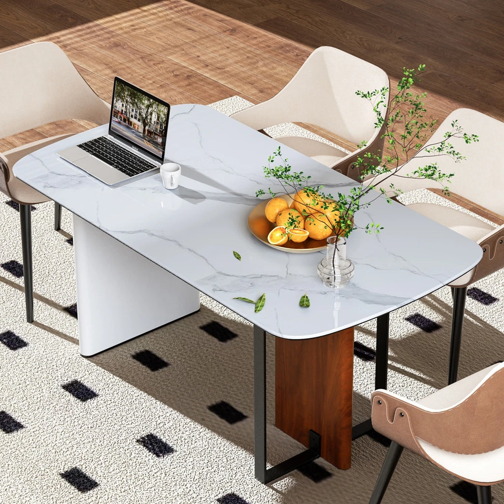 160cm Sintered Stone Dining Table with Glass Base Rectangular Kitchen Table for 4-6 People White