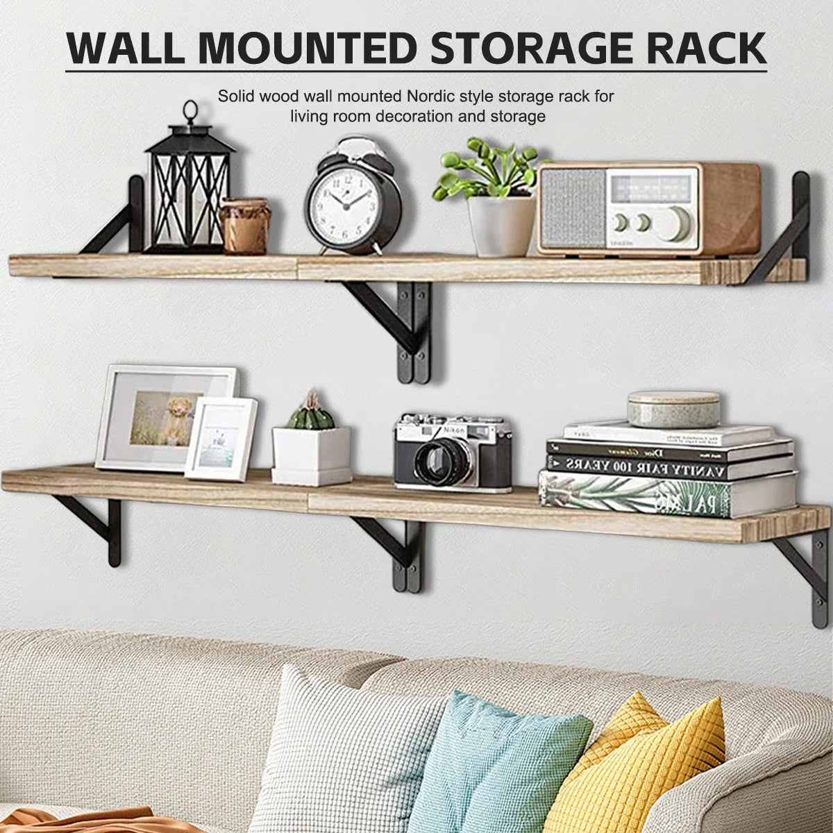 Floating Wall Shelves Set of 4 Wooden Wall Mounted Display Shelves with Metal Brackets Wood