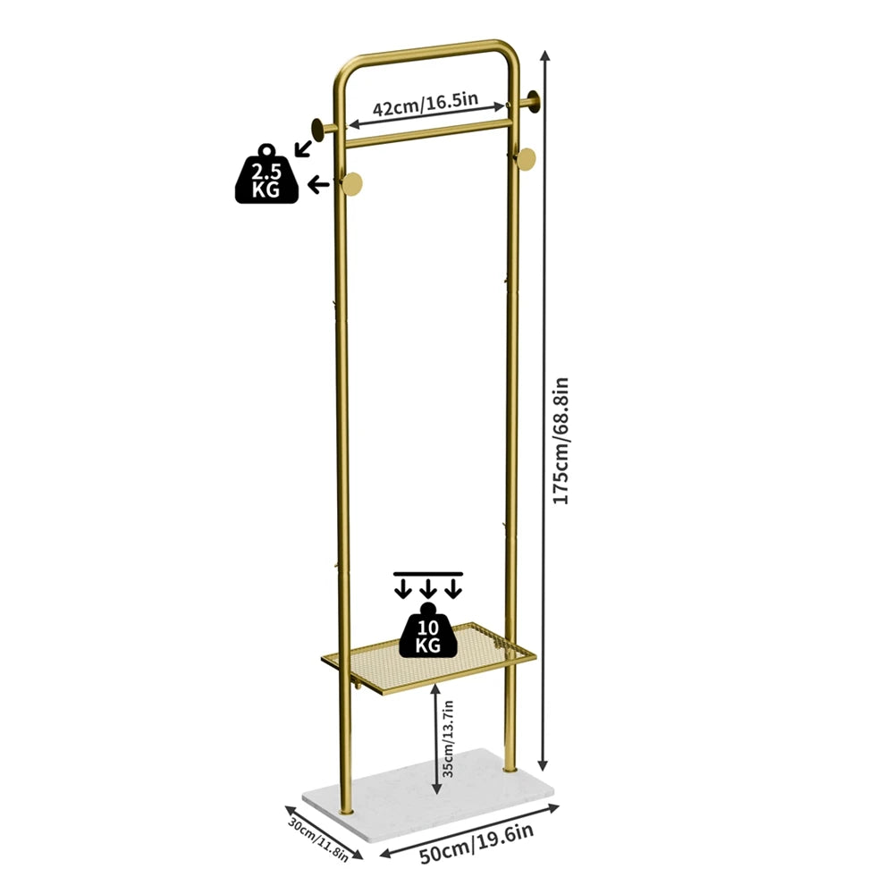 Freestanding Coat Rack Stand with Shelves and Hooks Gold Metal Garment Rack